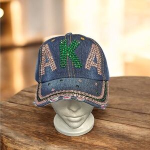 AKA Embellished Denim Cap with Green and Pink Accents